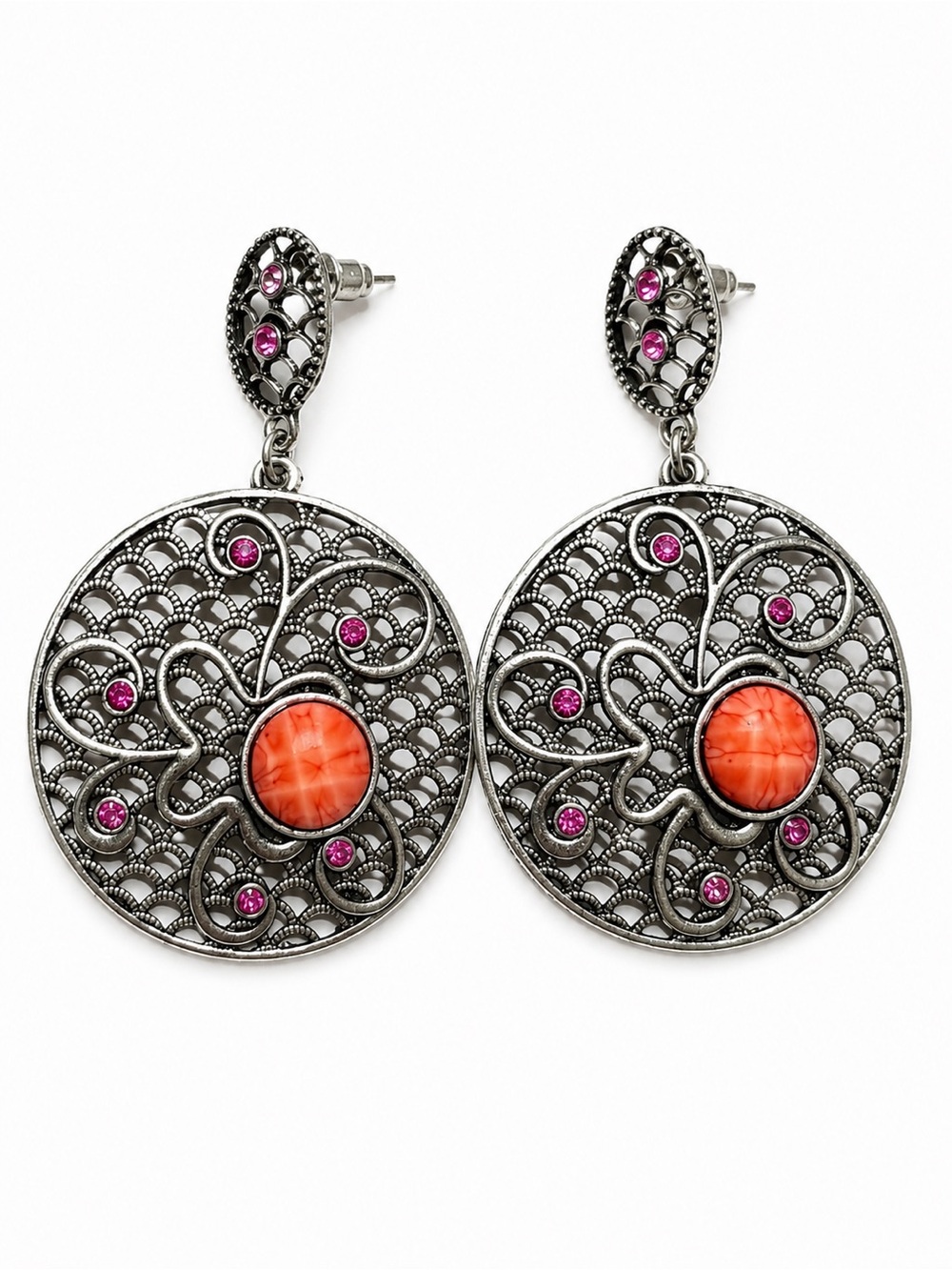 Filigree Drop Earrings with Orange Stone and Pink Accents
